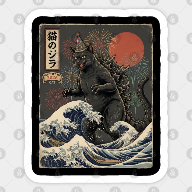 Catzilla New Year's Eve 2026 Sticker by Creatifly Graphic Tees